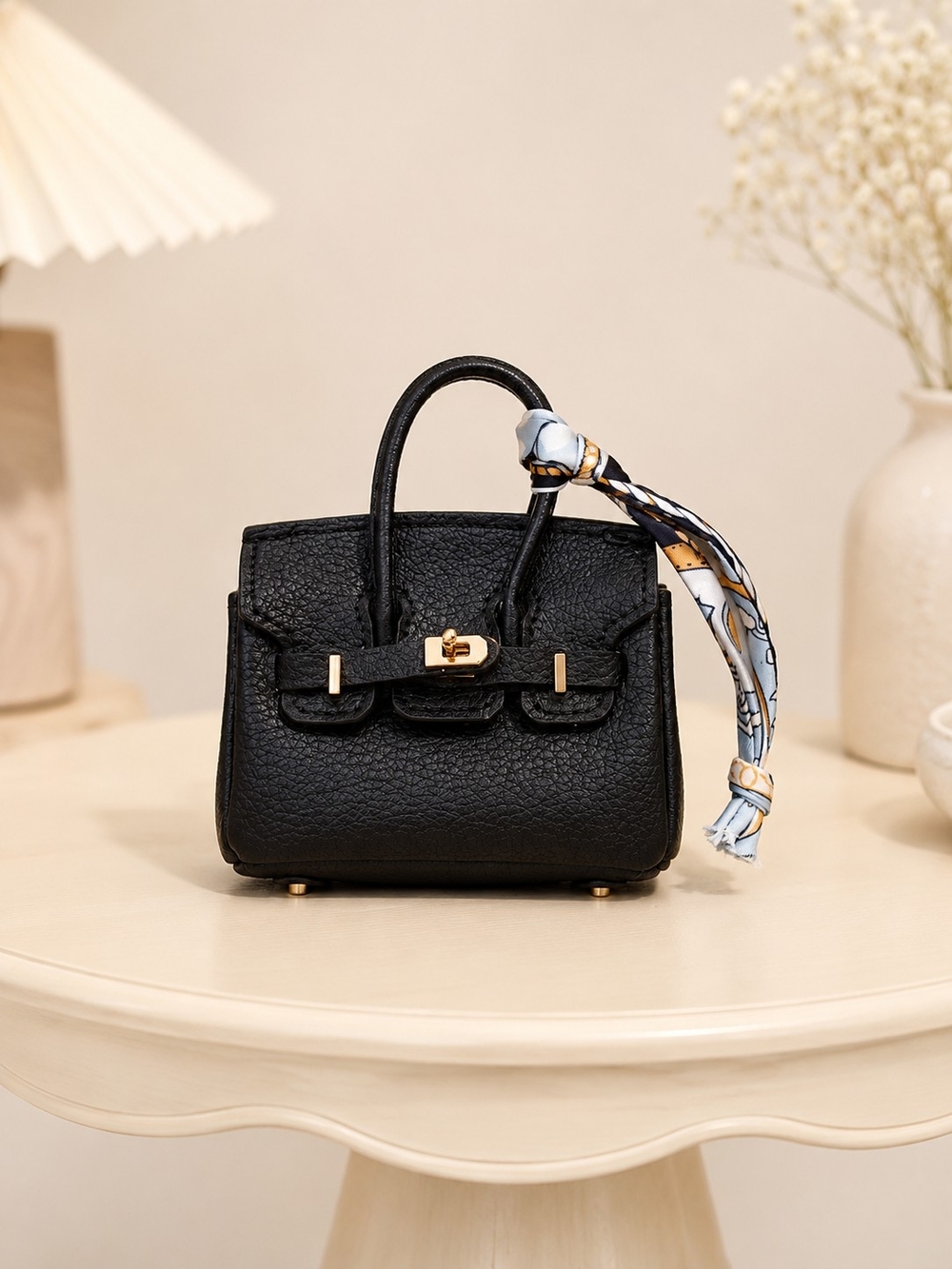 Luxury Black Leather Mini Tote Bag with Scarf Accent Charm